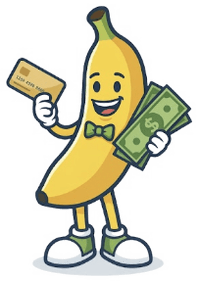 The BananaSplit mascot, a banana holding a credit card and cash
